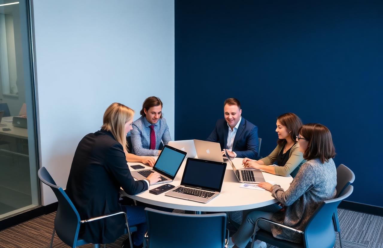 Sesión de formación práctica de un equipo profesional con portátiles