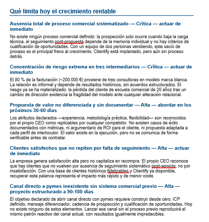 Página del informe con los límites del crecimiento rentable priorizados