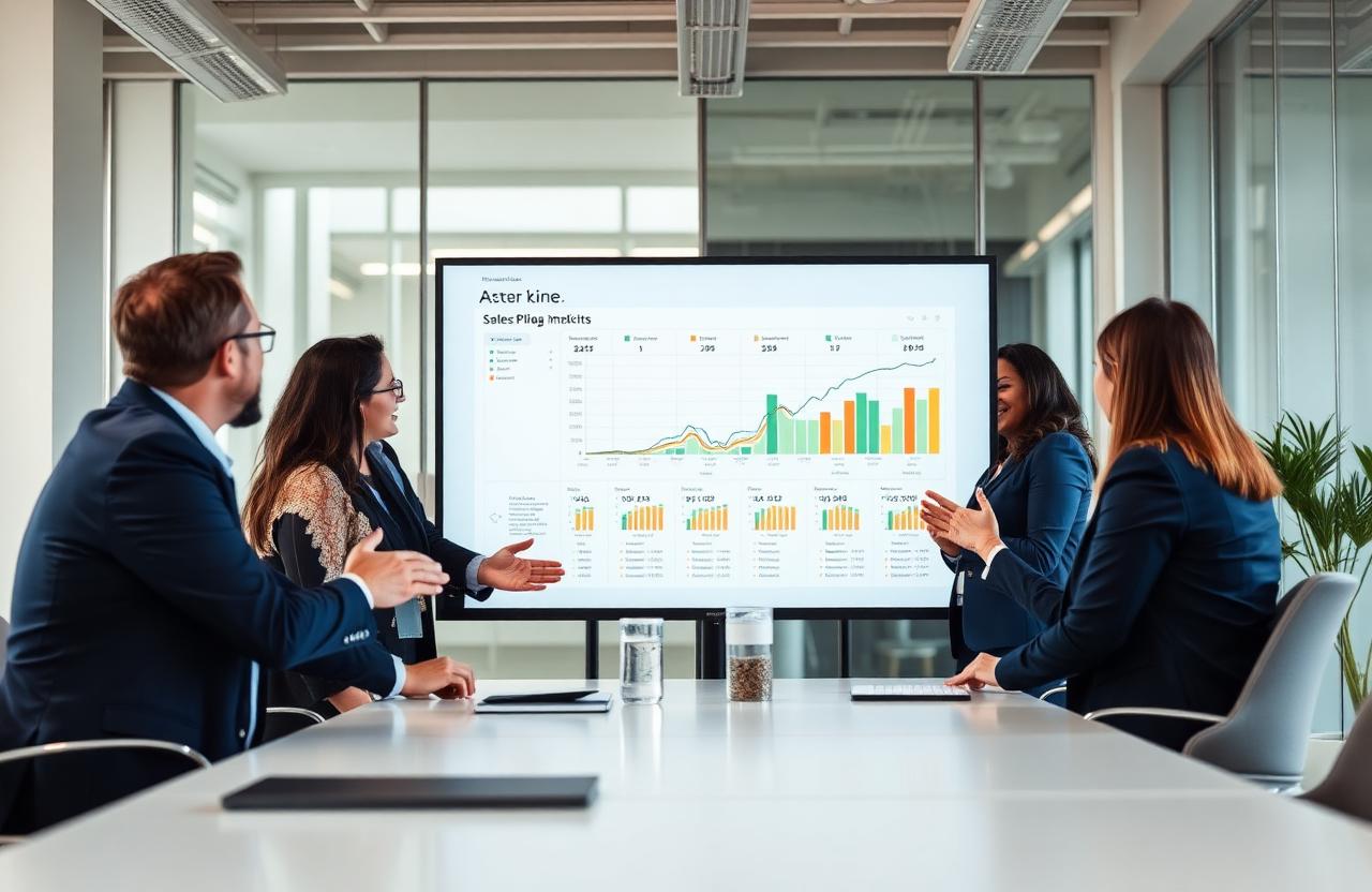 Equipo comercial analizando indicadores de ventas en una reunión de trabajo