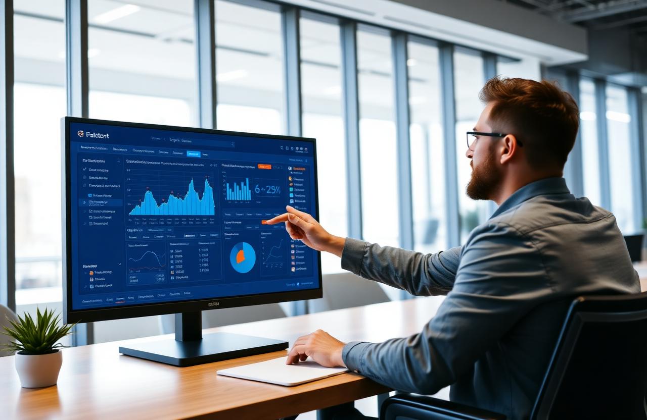 Directivo analizando un cuadro de mando comercial en una pantalla grande