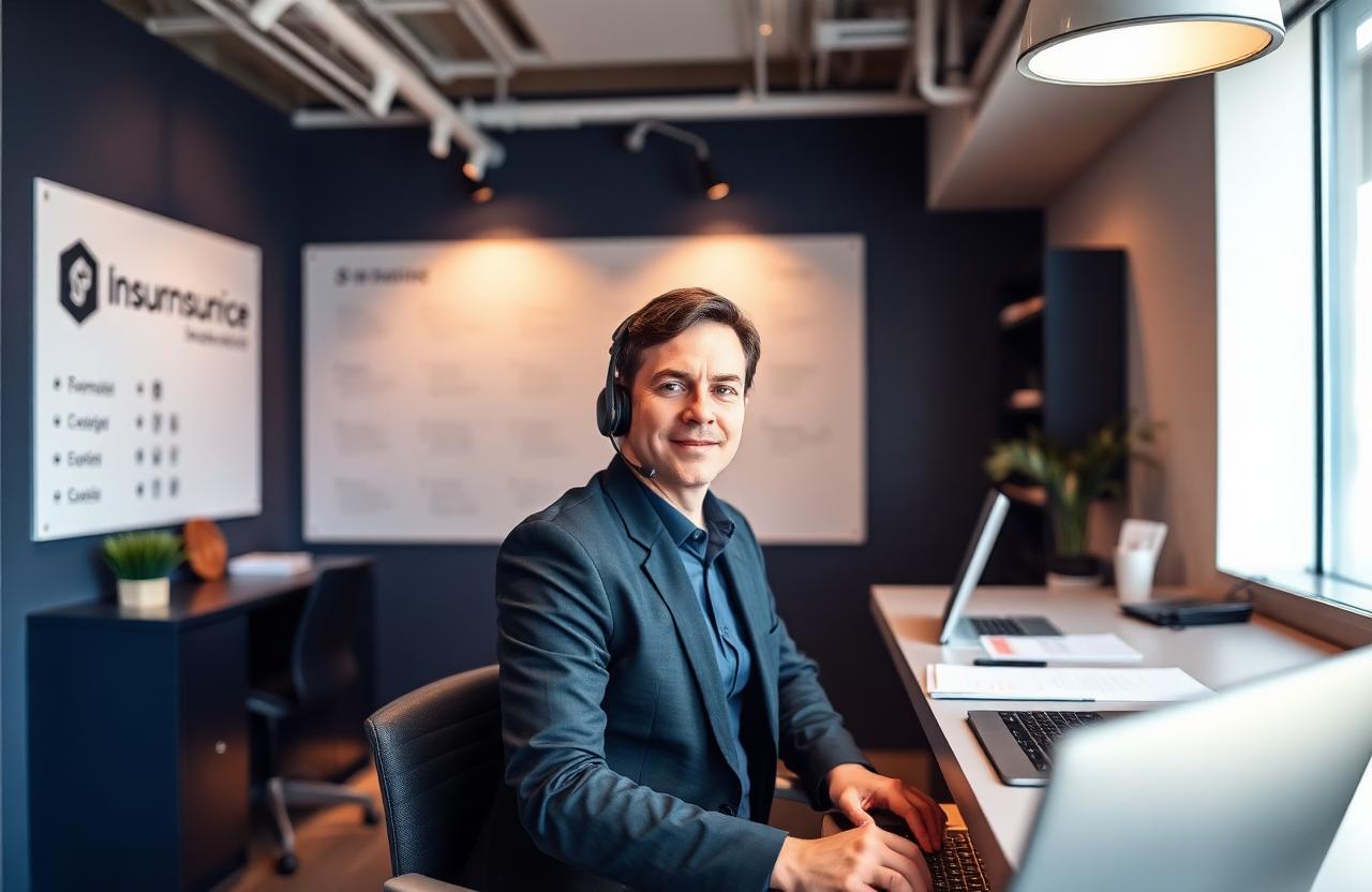 Gestor de una correduría de seguros atendiendo con auriculares en su oficina