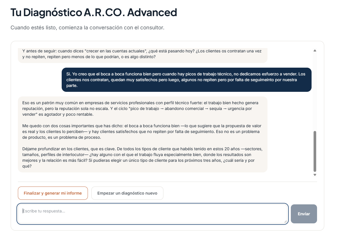Conversación real del diagnóstico con preguntas de seguimiento del consultor