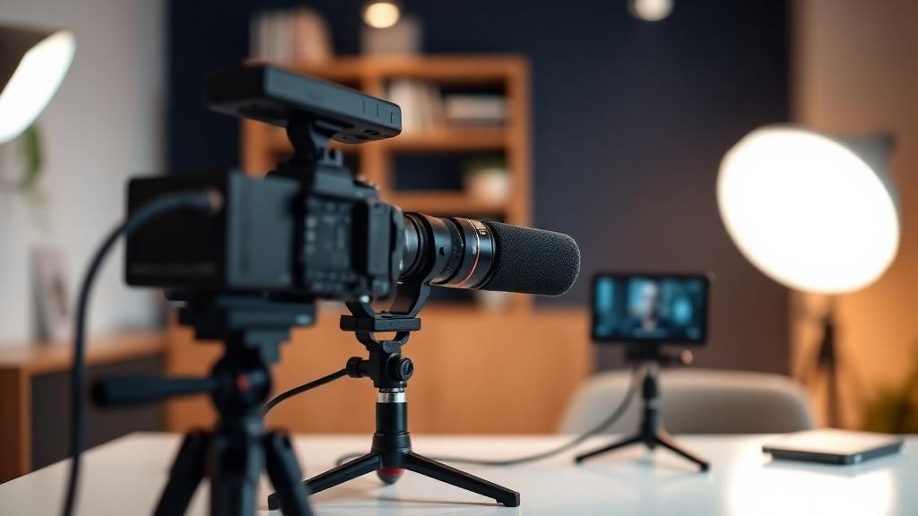 Estudio de grabación con cámara y micrófono para entrevistas de ventas