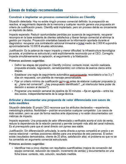 Página del informe con líneas de trabajo recomendadas y primeras acciones
