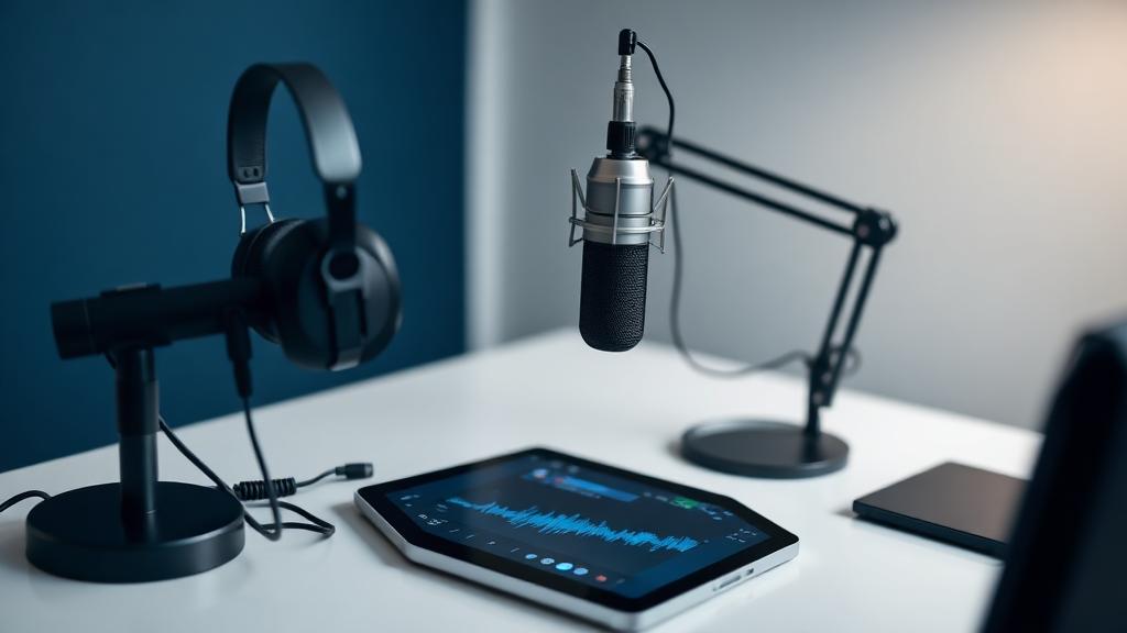 Micrófono y auriculares de un estudio de podcast profesional
